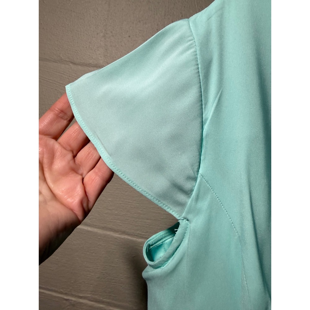 Express Seafoam Green Peplum Blouse Cap Sleeve Exposed Gold Zipper Top Large - Picture 5 of 8